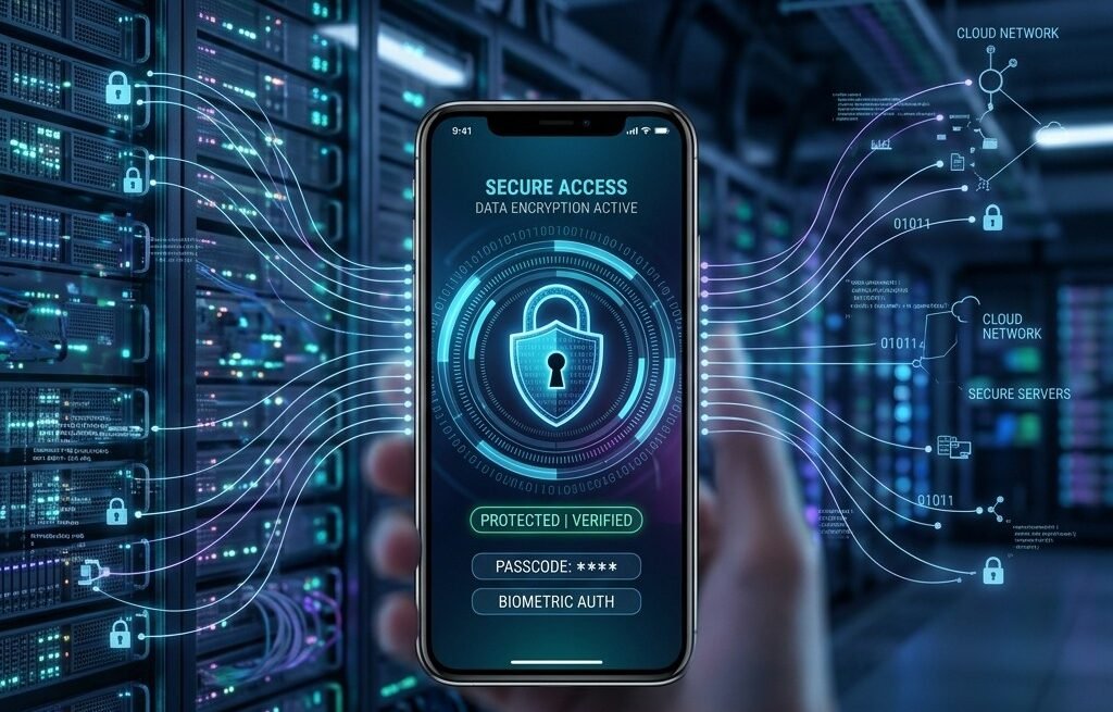 Secure mobile app with authentication and cloud infrastructure