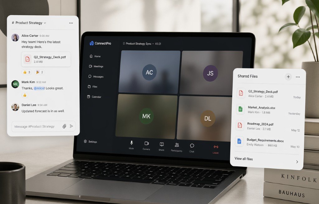Hybrid work setup with virtual meeting interface